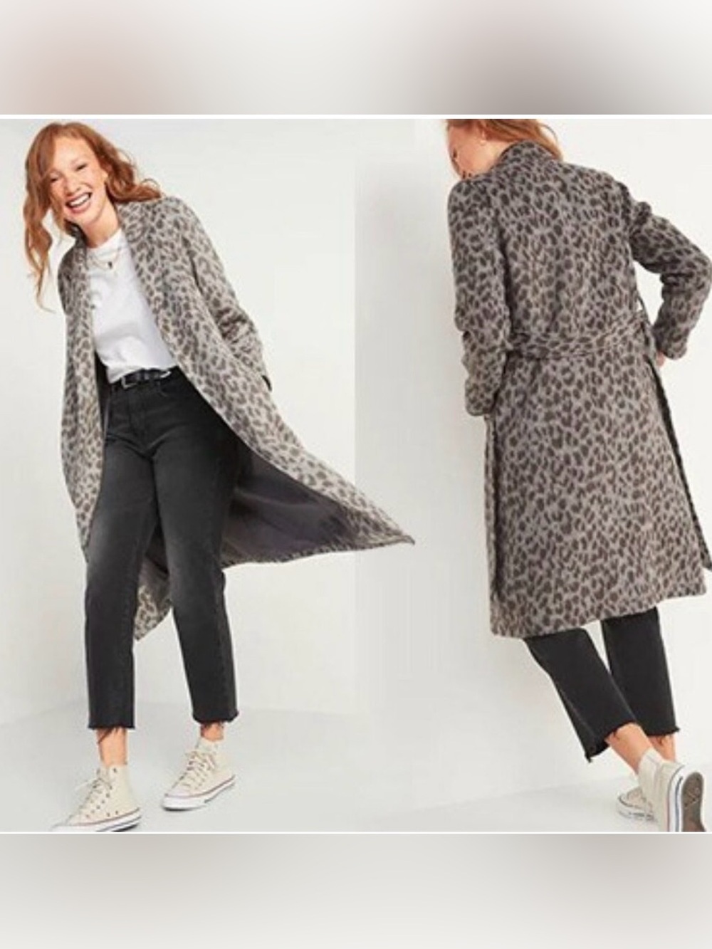 Old Navy Women’s Size Medium Grey Leopard Print Belted Wrap Coat